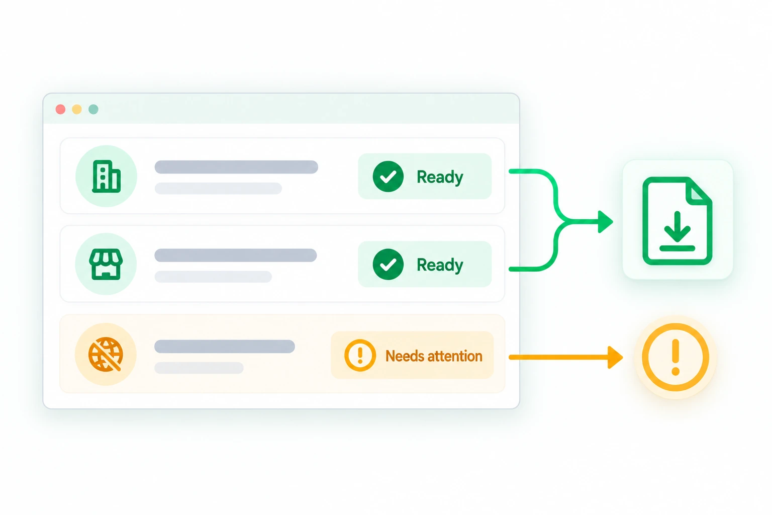 Two ready rows lead to a downloadable result; an unavailable row leads to an attention symbol.