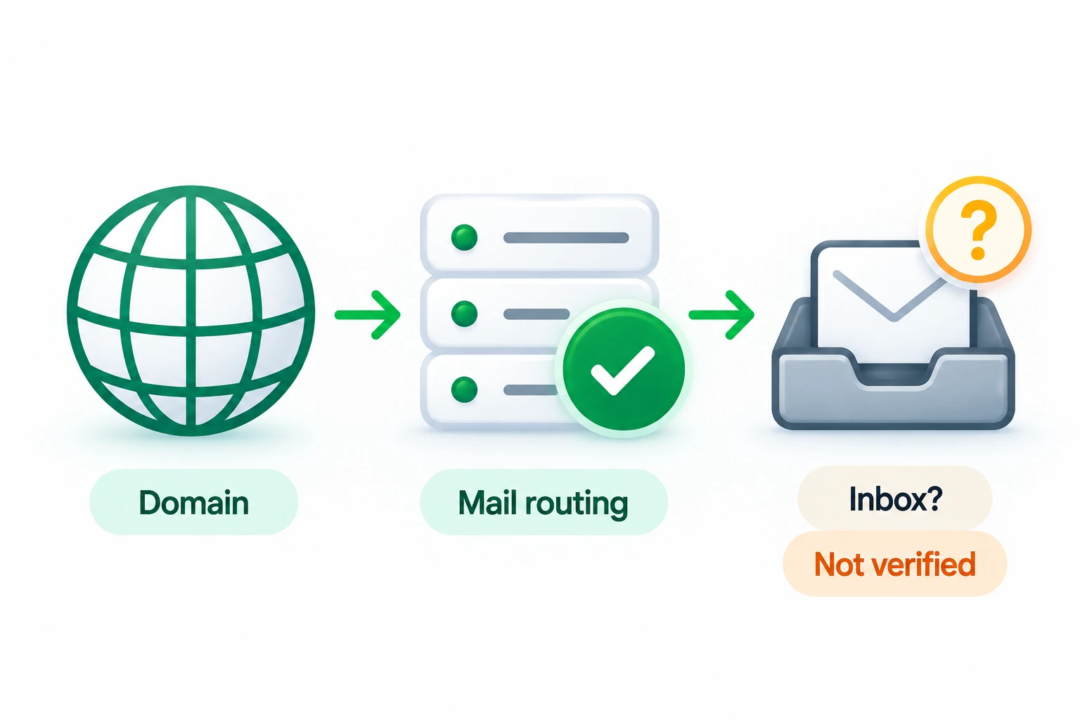 Domain mail routing has a green check, while a separate inbox has an amber question mark and is not verified.
